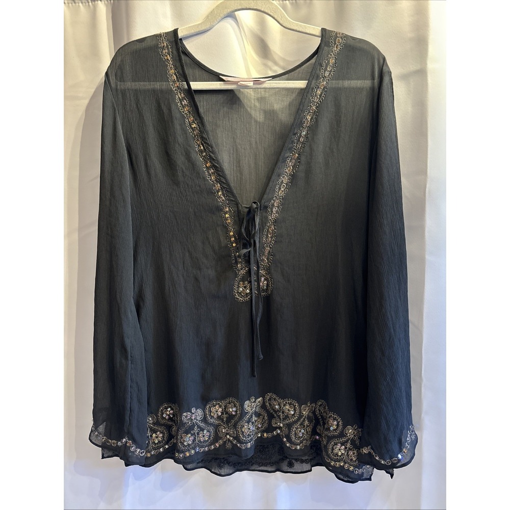 VTG Victoria's Secret Gold Sequin Split Trumpet Long Sleeves‎ Sheer Top M/L 2005
